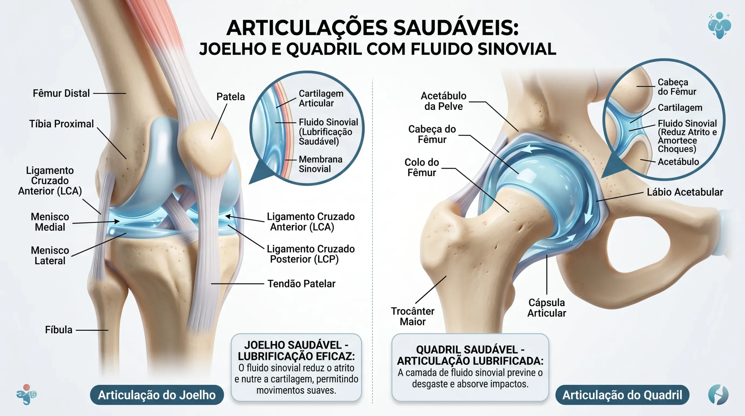 Ilustração científica de articulações saudáveis e lubrificação articular para mulheres 50+.