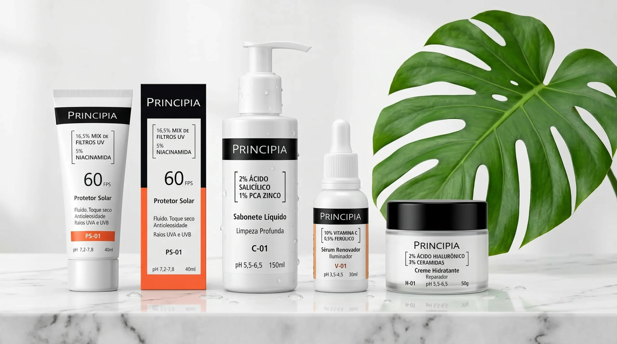 Produtos de skincare organizados para uma rotina de skinimalism terapêutico.