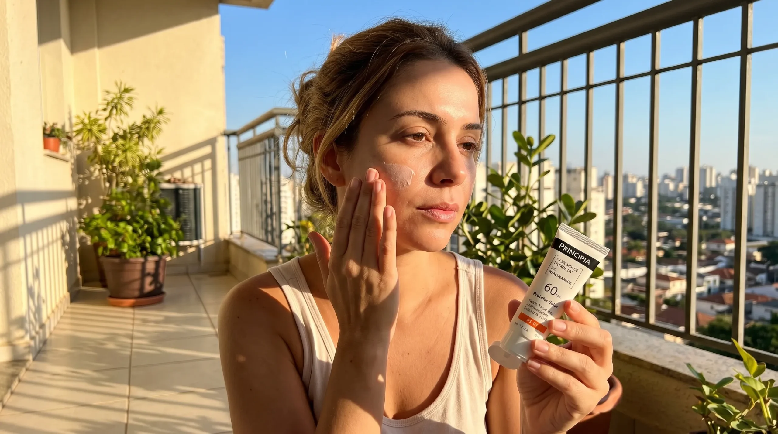 Mulher aplicando protetor solar facial diário para prevenir fotoenvelhecimento.
