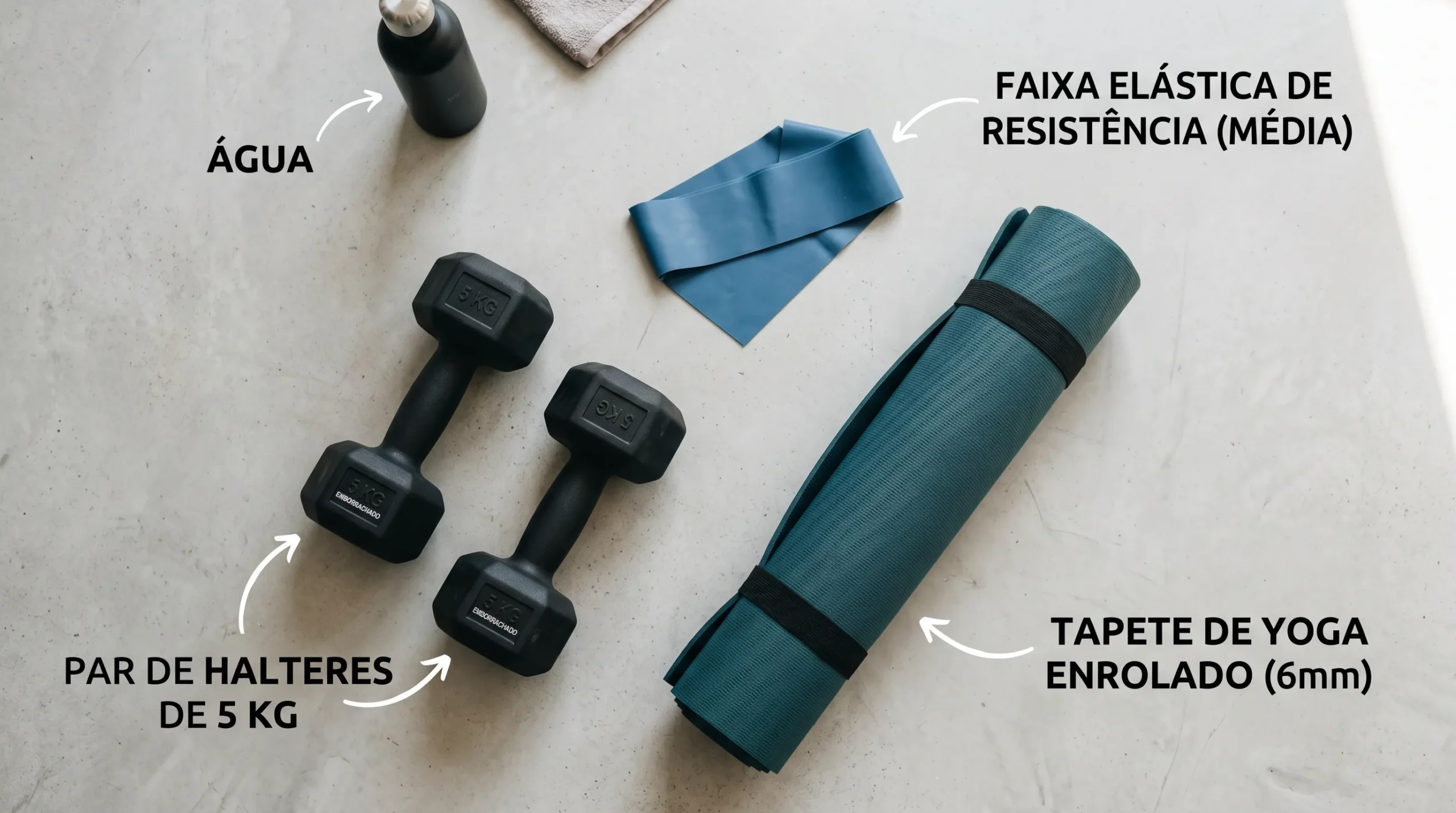 Kit de equipamentos essenciais para exercícios de baixo impacto 50 mais.