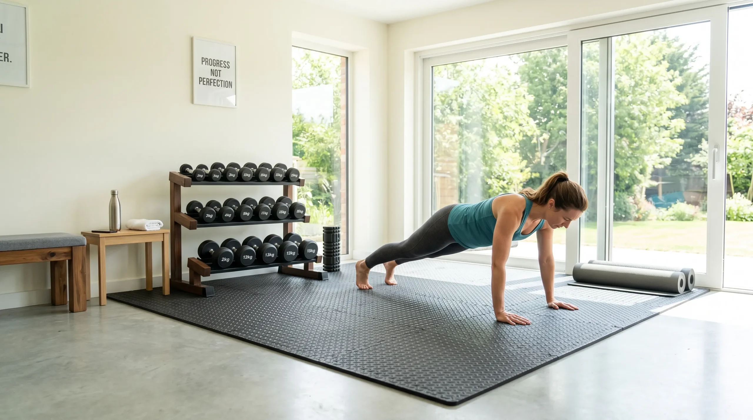 Ambiente seguro para exercícios em casa com iluminação e piso adequados