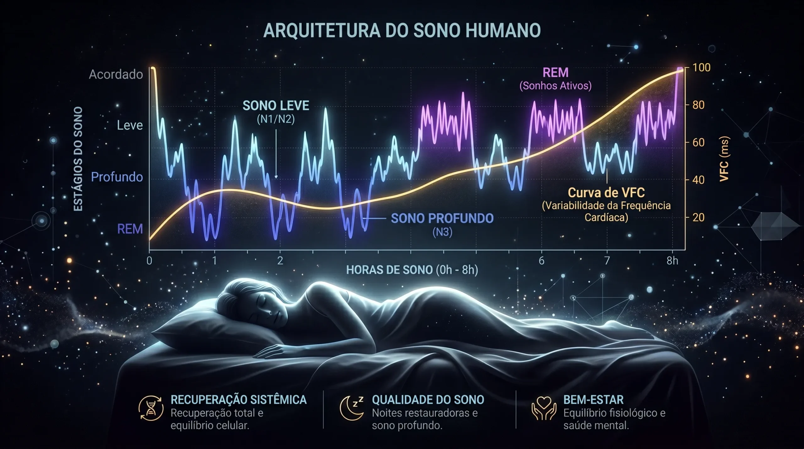 Gráfico cinematográfico das fases do sono mostrando elevação da VFC durante sono profundo