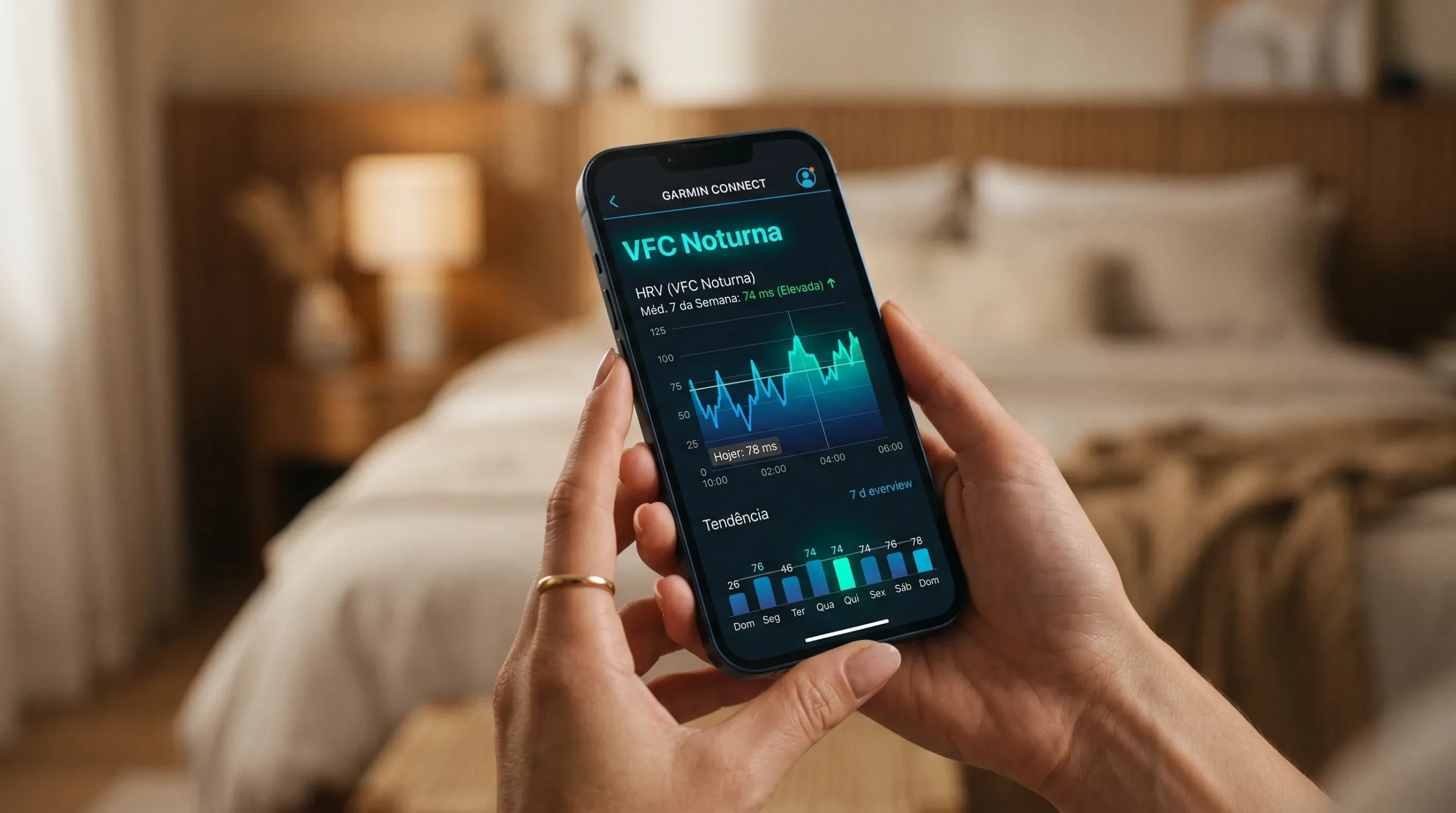 Mãos segurando smartphone com aplicativo Garmin Connect mostrando gráfico de VFC noturna