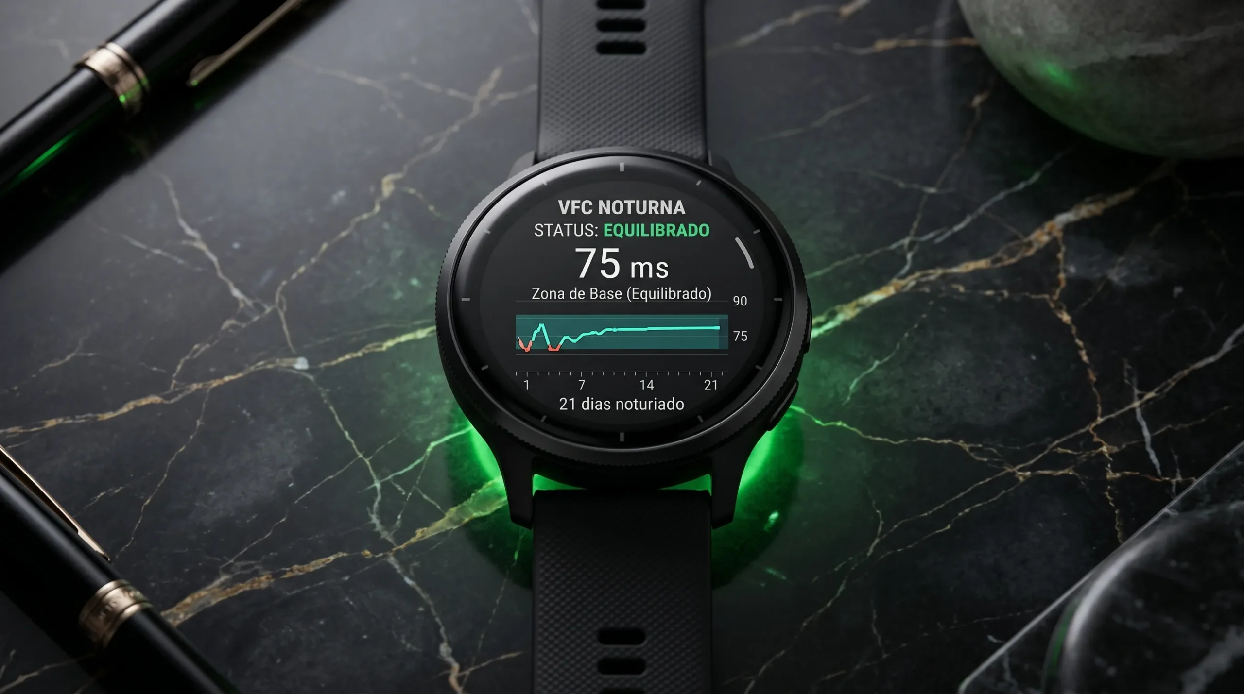 Garmin smartwatch mostrando baseline de VFC formada ao longo de 21 dias de medições noturnas