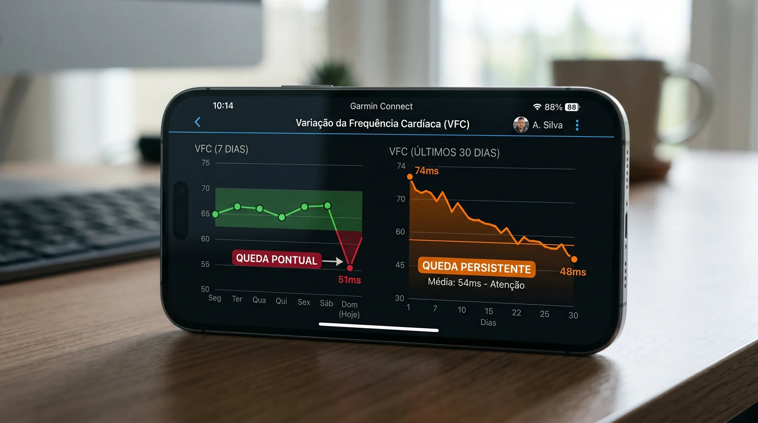 Comparação no Garmin Connect entre queda pontual de VFC e tendência persistente de declínio ao longo de 30 dias