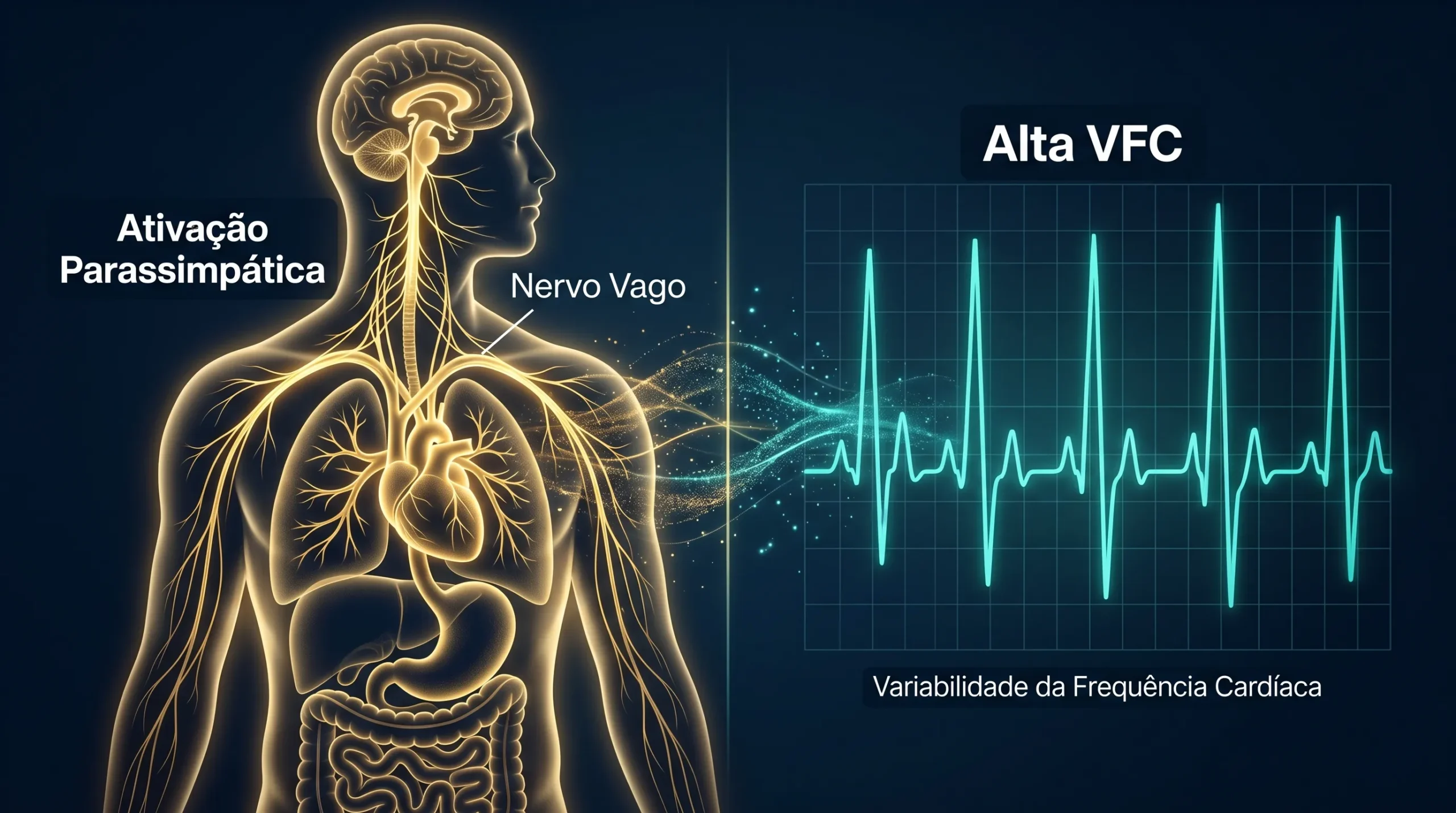 Visualização cinematográfica da relação direta entre tônus vagal alto e VFC elevada no gráfico