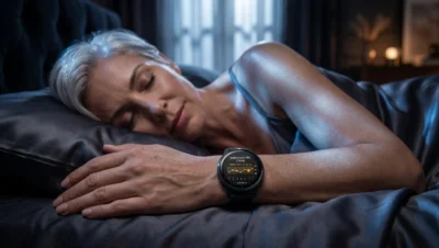 Mulher 50+ dormindo com smartwatch Garmin monitorando VFC noturna