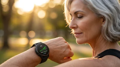 Mulher 50+ confiante analisando melhora da VFC no smartwatch Garmin ao ar livre