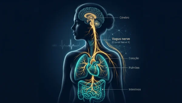 Ilustração cinematográfica do nervo vago conectando cérebro, coração, pulmões e intestino com impacto na VFC